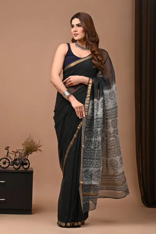 Handcrafted Bagru Print Black Colour Kota Sarees